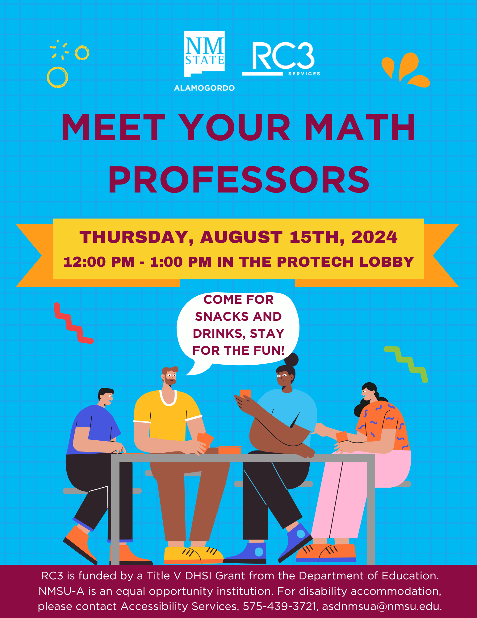 Flyer for the Meet Your Math Professor event, featuring details about meeting math professors before the semester starts