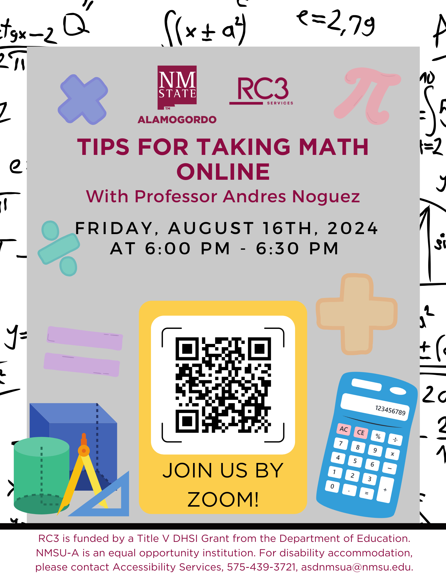 Flyer for the Tips for Taking Math Online event showing event details