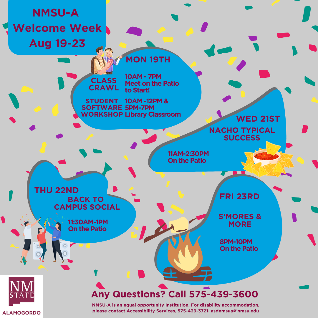 Welcome Week flyer for NMSU-A, showing event details and imagery